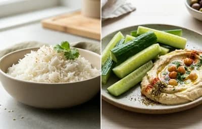 Cooked White Rice Half Cup with Vegan Tofu Scramble, Vegetable Veg Stir-Fry and Cucumber Sticks Hummus