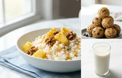 Cottage Cheese with Pineapple Walnuts and Hemp with Energy Balls