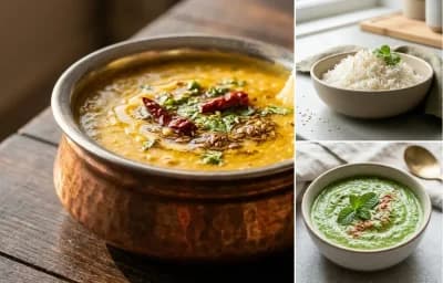 Dal Fry with Cooked White Rice Half Cup, Egg Bhurji Main, Onion Raita and Mint Yogurt Chutney