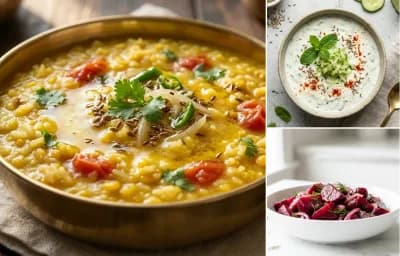 Dal Khichdi with Cucumber Mint Raita with Beetroot Salad with Whole-Wheat Phulka
