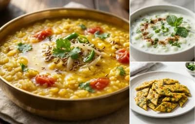 Dal Khichdi with Cucumber Raita with Methi Dhokli