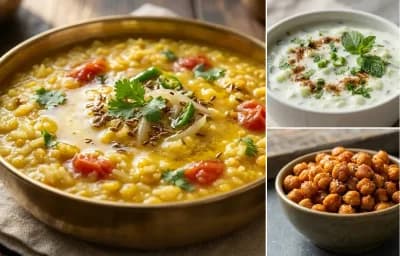 Dal Khichdi with Cucumber Raita with Roasted Chickpeas