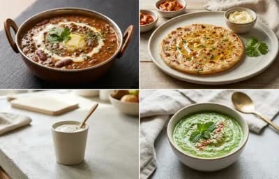 Dal Makhani with Gobi Paratha, Vegan Aloo Matar, Plain Yogurt Cup and Mint Yogurt Chutney