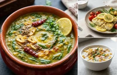 Dal Palak with One Chapati, Baked Cod With Lemon, Cooked Steamed White Rice Half Cup and Boondi Raita