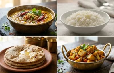 Dal Tadka with Steamed Basmati Rice, Roti and Aloo Gobi