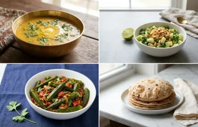 Dal Varan with Steamed White Rice with Shengdana Koshimbir with Bhindi Masala with Whole-Wheat Phulka