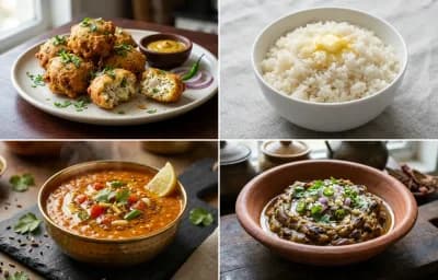 Dim Posto Bora with Shada Bhaat, Masoor Dal Tadka and Begun Pora