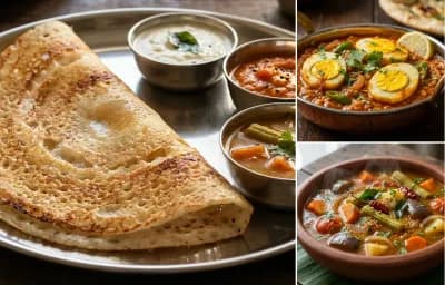 Dosa with Egg Masala Filling and Vegetable Sambar