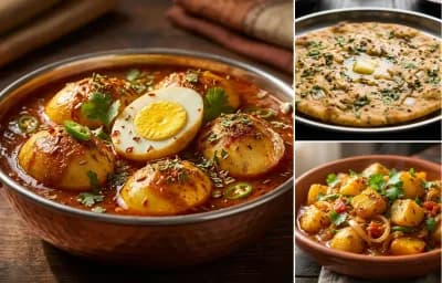 Egg Curry with Missi Roti and Aloo Pyaz Sabzi