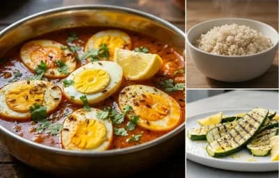 Egg Curry with Steamed White Rice with Grilled Zucchini