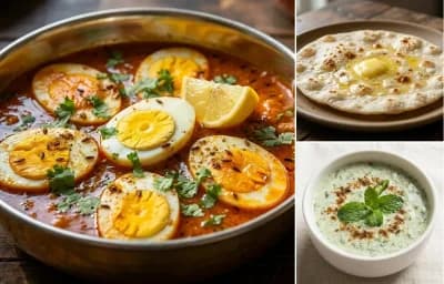 Egg Curry with Vegan Mixed Dal, Jowar Roti and Mint Raita