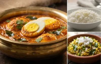 Egg Gassi with Steamed Basmati Rice and Cabbage Bhaji