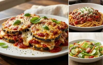 Eggplant Parmesan with Spaghetti with Meat Sauce and Garden Salad