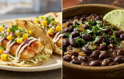 Fish Tacos with Mango Salsa with Savory Black Beans