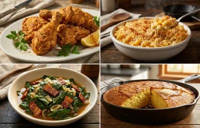 Fried Chicken with Baked Macaroni and Cheese, Collard Greens and Cornbread