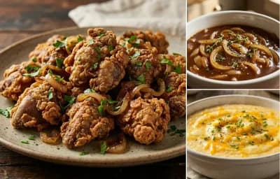 Fried Chicken Livers with Onions and Gravy and Southern Grits
