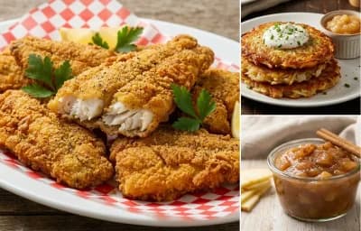 Fried Perch with Potato Pancakes and Cinnamon Applesauce
