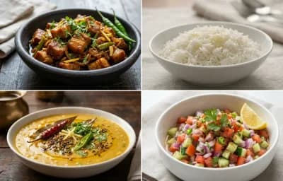 Gahori Manxo Bhaja with Steamed Basmati Rice and Matar Dal