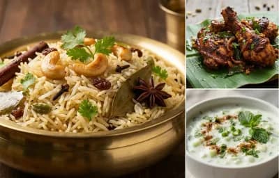 Ghee Rice with Kerala Chicken Roast and Cucumber Raita