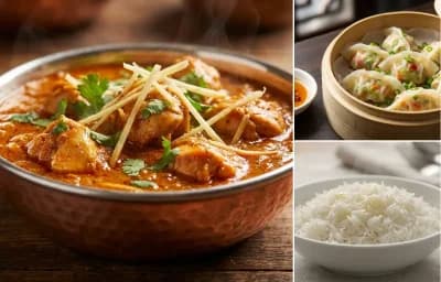 Ginger Chicken with Vegetable Steamed Wontons and Steamed Basmati Rice