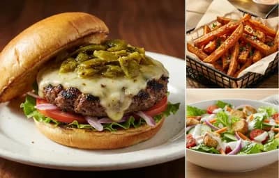 Green Chile Cheeseburger with Sweet Potato Fries and Side Salad