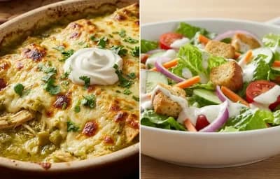 Green Chile Chicken Enchilada Casserole with Side Salad