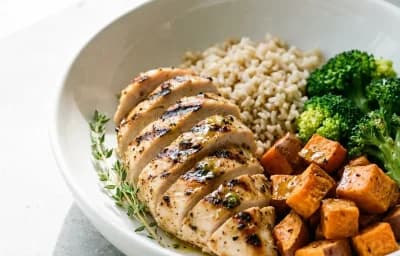 Grilled Chicken Bowl with Rice Sweet Potato Chickpeas and Tahini