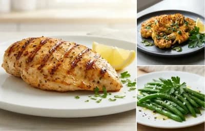 Grilled Chicken Breast, Cauliflower Steaks and Steamed Green Beans