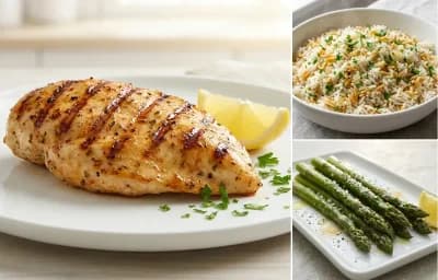 Grilled Chicken Breast with Rice Pilaf and Roasted Asparagus