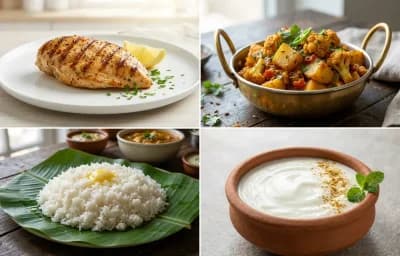 Grilled Chicken Breast with Aloo Gobi with Steamed White Rice with Dahi