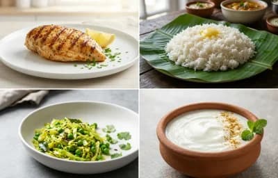 Grilled Chicken Breast with Steamed White Rice with Cabbage Pea Sabzi with Dahi