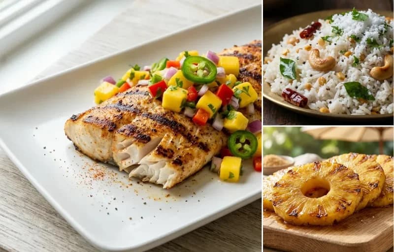 Grilled Mahi-Mahi with Mango Salsa, Coconut Rice and Grilled Pineapple