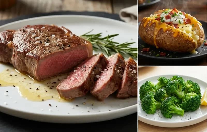 Grilled New York Strip Steak, Loaded Baked Potato and Steamed Broccoli
