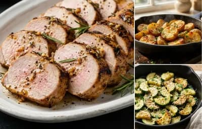 Grilled Pork Tenderloin with Roasted Potatoes and Sauteed Zucchini with Garlic and Parmesan