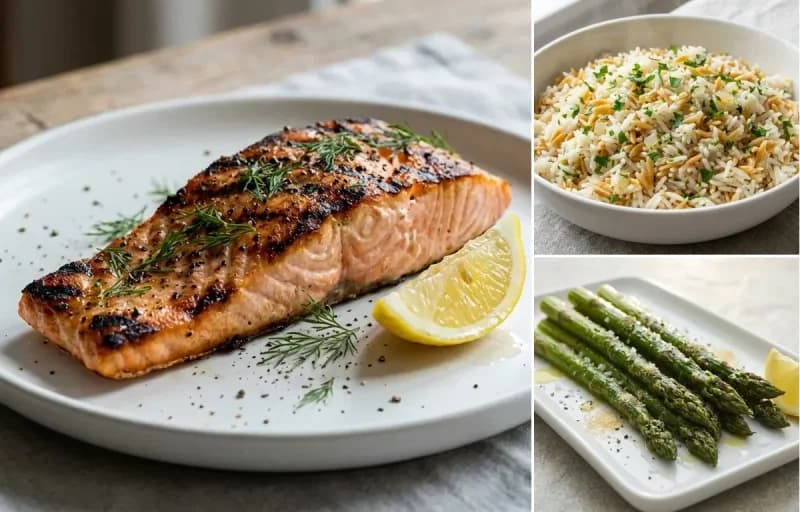 Grilled Salmon with Lemon and Dill, Rice Pilaf and Roasted Asparagus