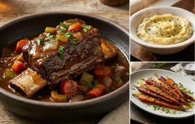Guinness Braised Beef Short Ribs with Mashed Potatoes and Roasted Carrots with Thyme