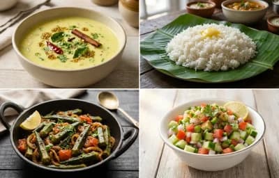 Gujarati Kadhi with Steamed White Rice with Masala Bhindi with Kachumber