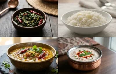 Haak Saag with Steamed Basmati Rice, Dal Tadka and Muji Chatin