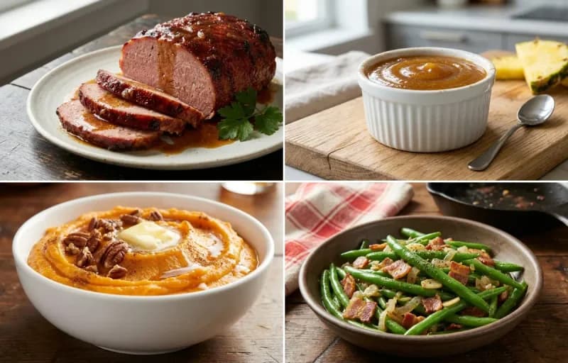 Ham Loaf, Pineapple Glaze, Mashed Sweet Potatoes and Sauteed Green Beans with Bacon