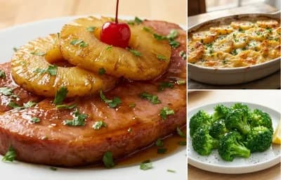 Ham Steak with Pineapple with Scalloped Potatoes and Steamed Broccoli