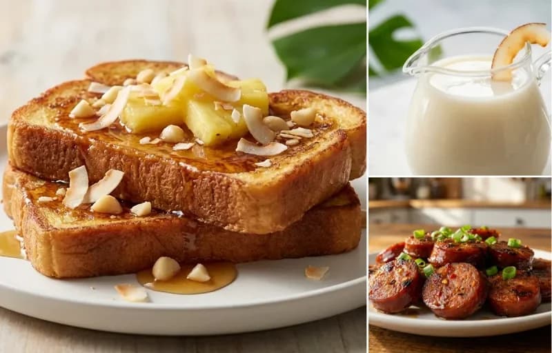 Hawaiian French Toast, Coconut Syrup and Hawaiian-Style Portuguese Sausage