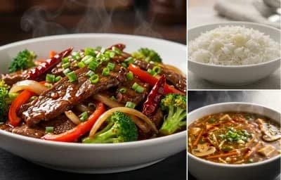 Hunan Beef Stir-Fry with Steamed Basmati Rice and Hot and Sour Soup