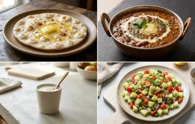 Jowar Roti with Tofu Cubes Light Saute, Dal Makhani, Plain Yogurt Cup and No-Salt Lemon Cucumber Kachumber