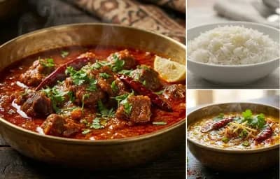 Jungli Maas with Steamed Basmati Rice and Dal Tadka