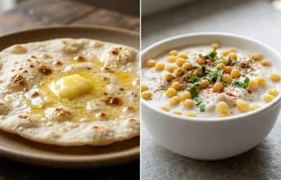 Kadhi with Jowar Roti, Vegan Aloo Matar, Boondi Raita and Mint Coriander Chutney No-Salt