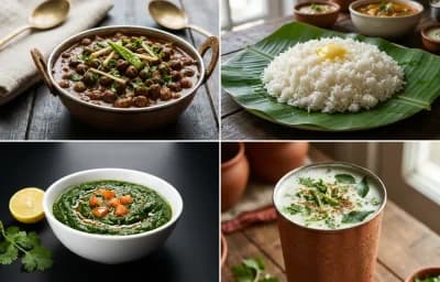 Kala Chana Masala with Steamed White Rice with Palak with Lemon with Chaas