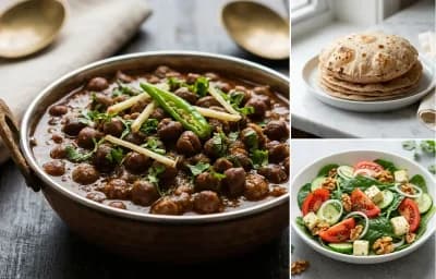 Kala Chana Masala with Steamed White Rice with Whole-Wheat Phulka with Palak Tomato Salad