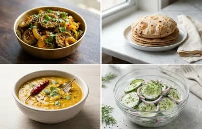 Karela Sabzi with Whole-Wheat Phulka with Moong Dal with Cucumber Salad