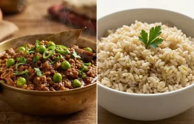 Keema Matar with Steamed Steamed White Rice and Dhokla Mini Snack