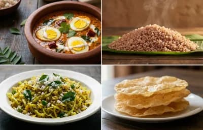 Kerala Egg Curry with Matta Rice, Cabbage Thoran and Pappadam